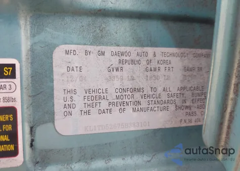 2005 Chevrolet Aveo Ls z USA, uszkodzony, nr VIN KL1TD52675B383101